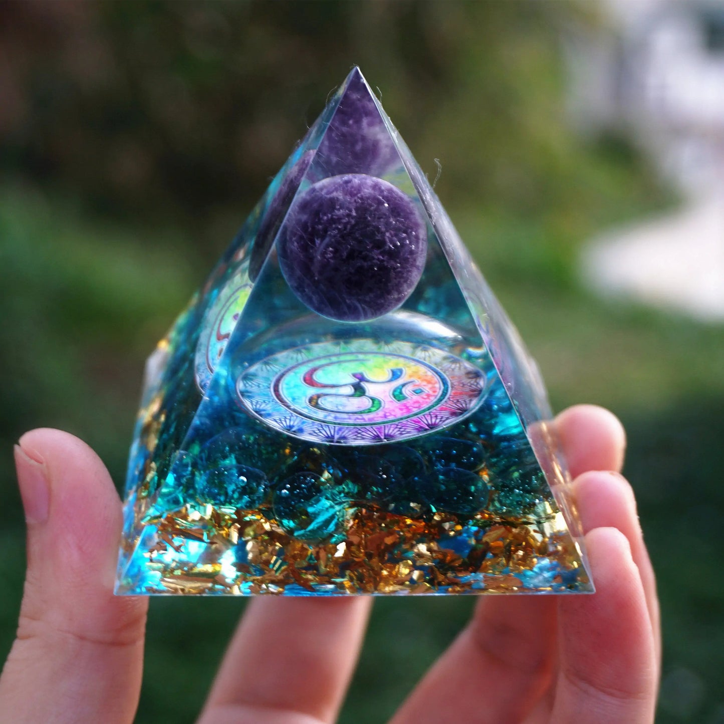 Handmade Ohm Amethyst Orgone Pyramid