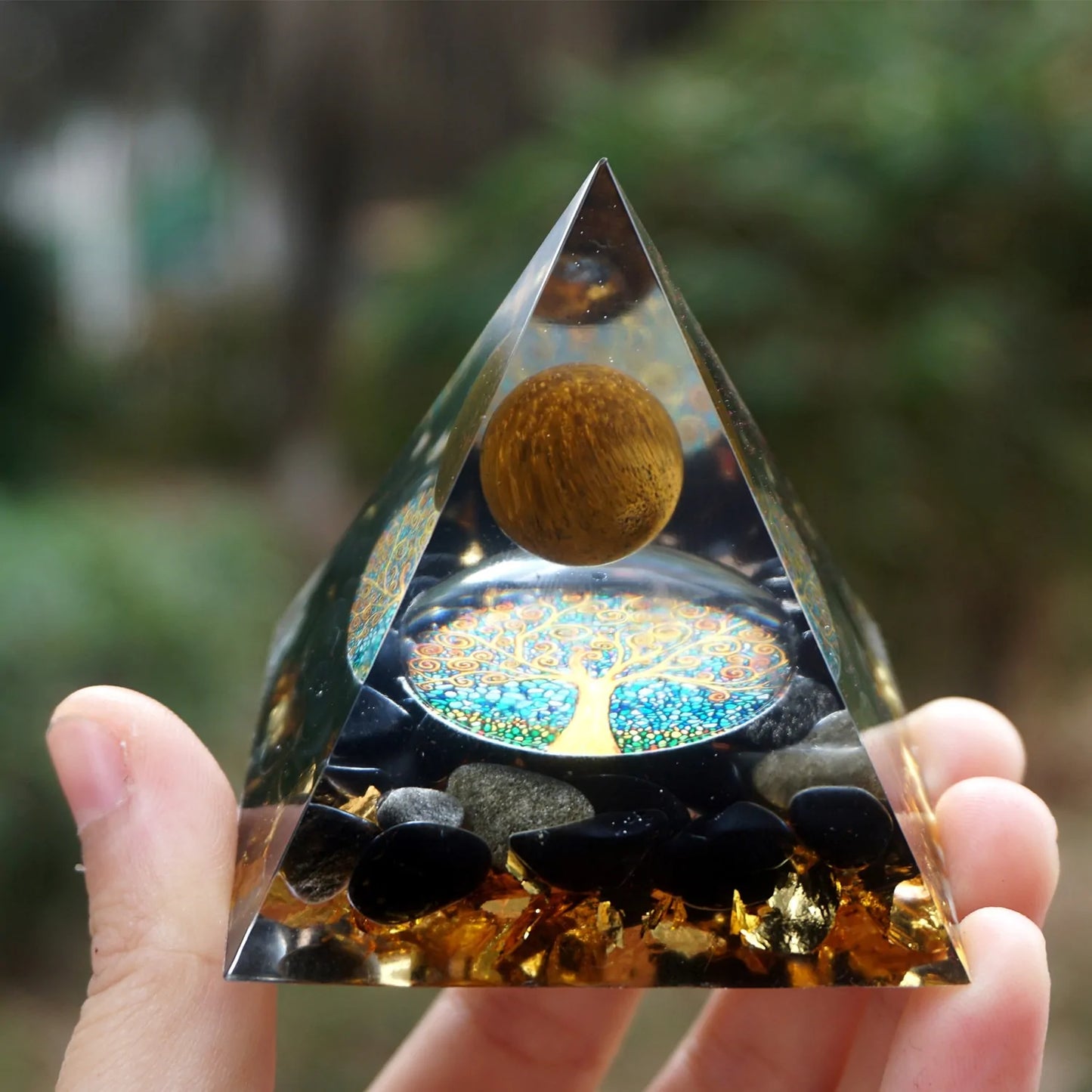 Tiger Eye Crystal Sphere & Obsidian Quartz Orgone Pyramid: Reiki Energy Healing Tool