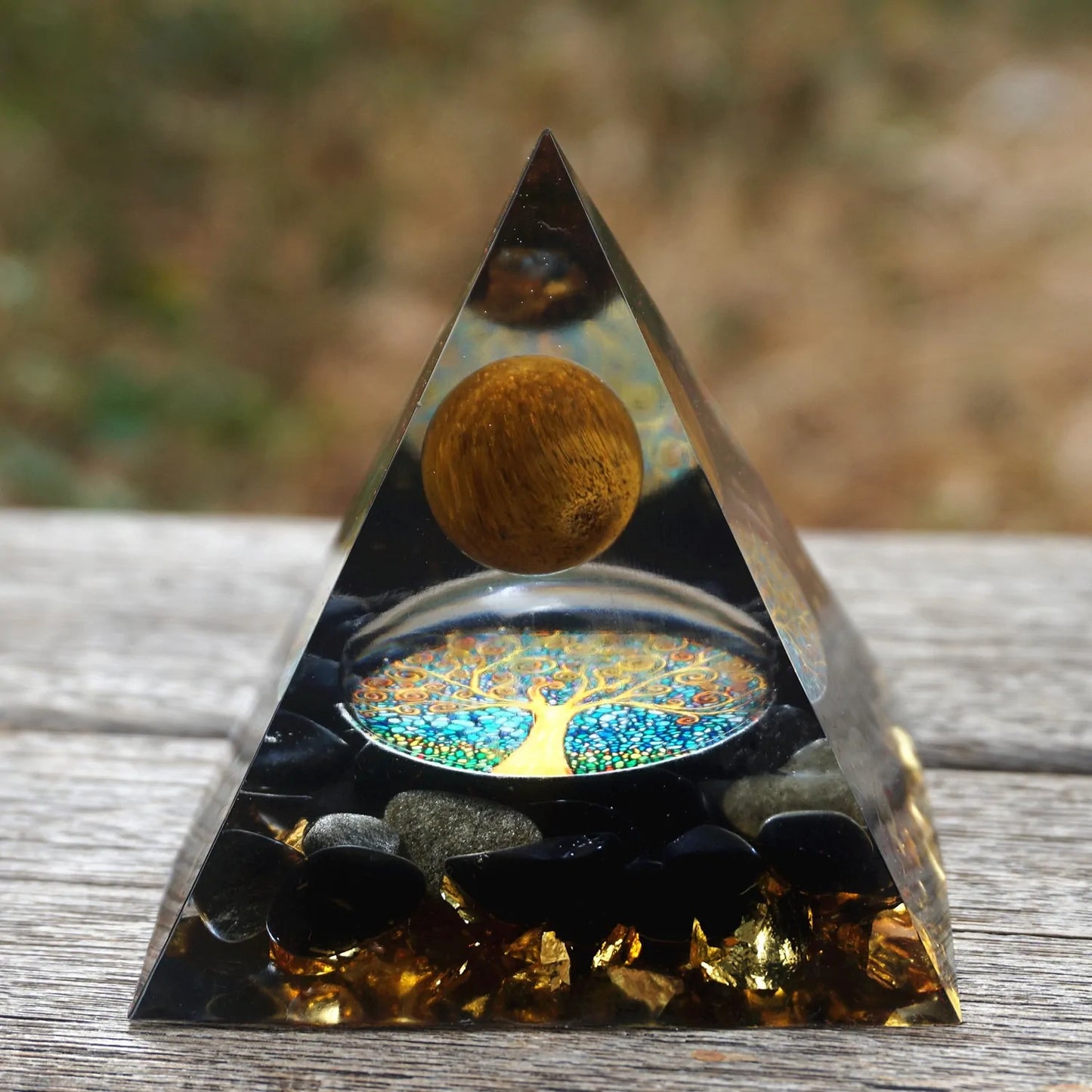 Tiger Eye Crystal Sphere & Obsidian Quartz Orgone Pyramid: Reiki Energy Healing Tool